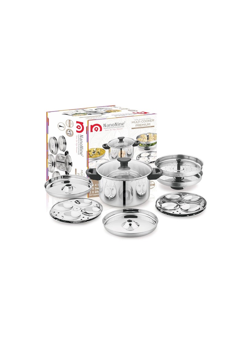NanoNine - NanoNine 11 pc Multi Cooker | Premium Stainless Steel Idli Cooker | Dhokla Maker | Momo Maker | Glass Lid Steamer | 4 x 4 Idli Plates, 2 Dhokla Plates, 2 Steamer Plates, 4 Liter, Silver - Image 1