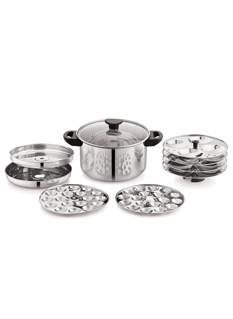 NanoNine - NanoNine 11 pc Multi Cooker | Premium Stainless Steel Idli Cooker | Dhokla Maker | Momo Maker | Glass Lid Steamer | 4 x 4 Idli Plates, 2 Dhokla Plates, 2 Steamer Plates, 4 Liter, Silver - Image 1