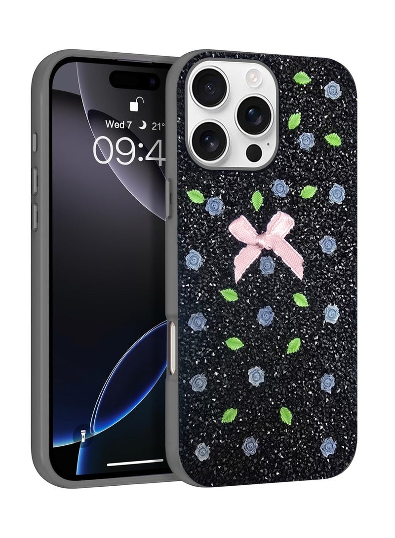 Techie Floral Luxury Sparkling Diamond Rhinestone Back Cover Case for Apple iPhone 16 Pro Max - Grey - Image 1