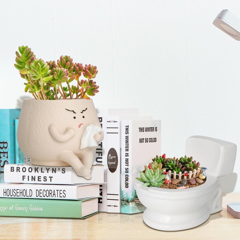 Toparad Face Self Watering Planter Pots Funny Toilet Plant Pot for Indoor Plants, Resin Face Head Flower Pots Quirky Succulent Planters with Drainage Hole, Gift Ideal for Home, Office, Christmas - Image 5