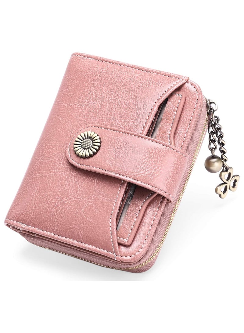 RFID Blocking Genuine Leather Bifold Wallet for Women, Small Zip Pocket Purse with ID Window, Stylish Ladies Card Case (Pink) - Image 1