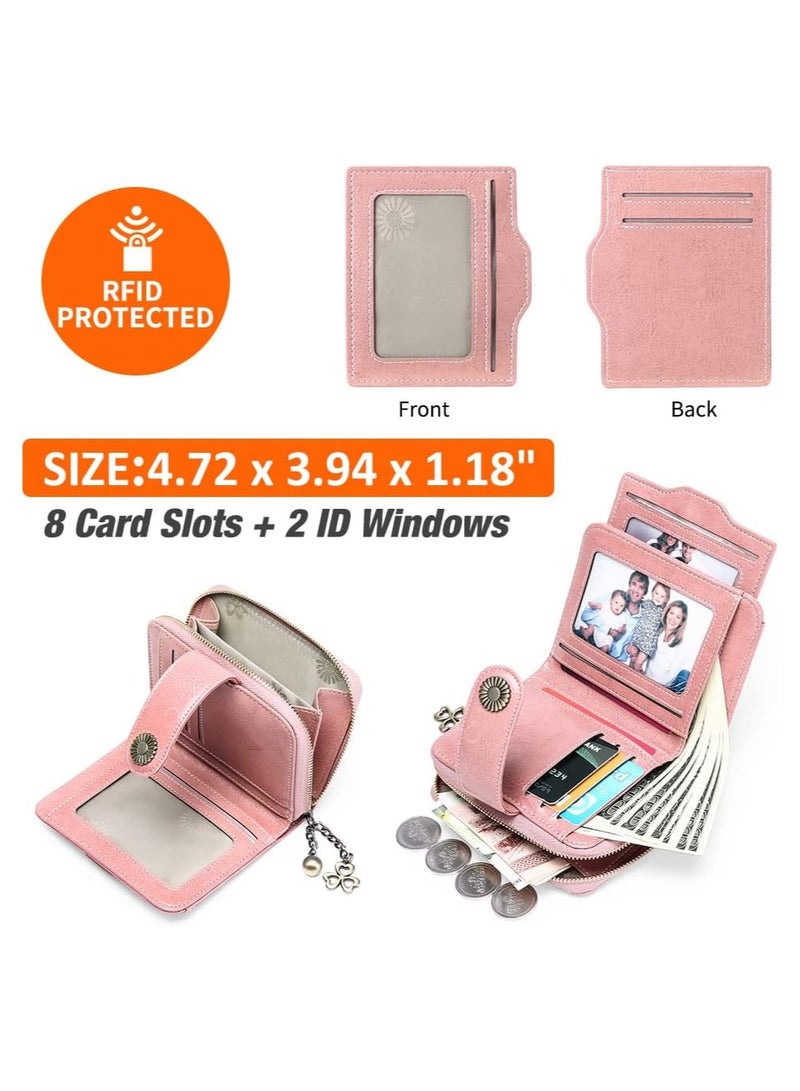 RFID Blocking Genuine Leather Bifold Wallet for Women, Small Zip Pocket Purse with ID Window, Stylish Ladies Card Case (Pink) - Image 2