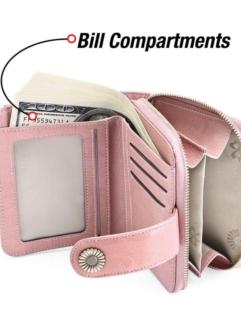 RFID Blocking Genuine Leather Bifold Wallet for Women, Small Zip Pocket Purse with ID Window, Stylish Ladies Card Case (Pink) - Image 3