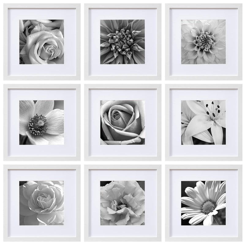 eletecpro 12x12 Picture Frames Set of 9 Classic Gallery Wall Frame Set Displays 8x8 Photo with Mat or 12x12 No Mat Square Picture Frames Collage Wall Decor White Home Decor for Hanging