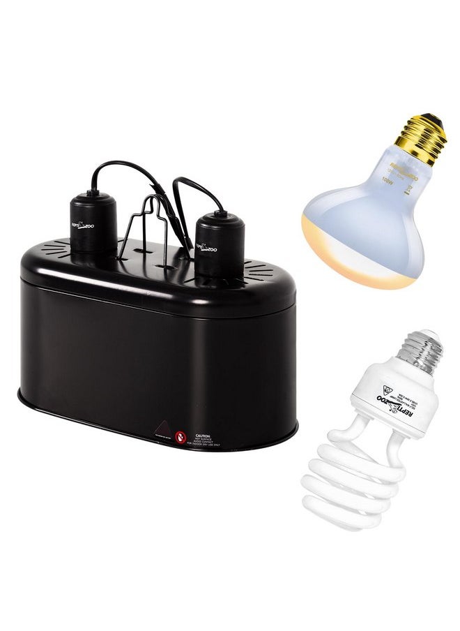 REPTIZOO Dual Reptile Light Fixture Reptile Heat Lamp Combo Pack, 100W UVA Daylight Basking Spot Light Heating Lamp and 26W UVA UVB Reptile Light Energy Saving Spiral Compact Lamp UVB Bulb 5.0