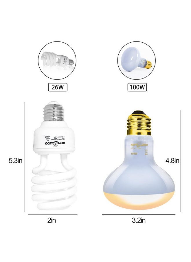 REPTIZOO Dual Reptile Light Fixture Reptile Heat Lamp Combo Pack, 100W UVA Daylight Basking Spot Light Heating Lamp and 26W UVA UVB Reptile Light Energy Saving Spiral Compact Lamp UVB Bulb 5.0