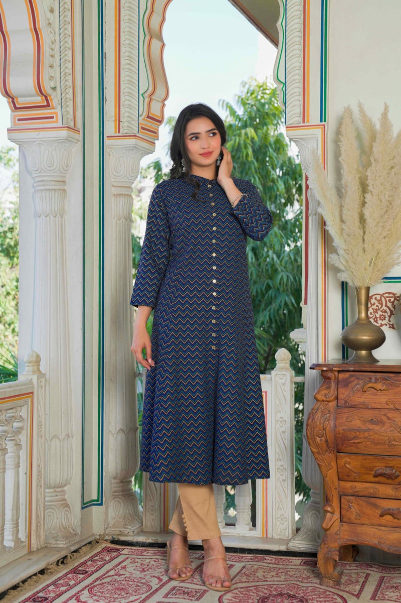Yash Gallery Women's Viscose Rayon Chevron Regular Fit Anarkali Kurta for Women (1391YKBLUE_Blue_Medium) - Image 2