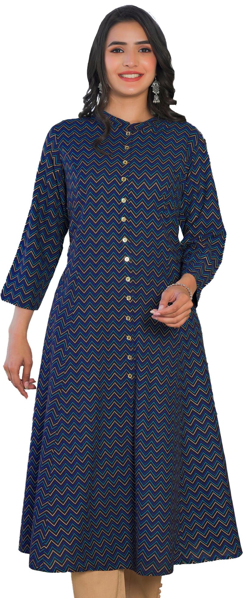 Yash Gallery Women's Viscose Rayon Chevron Regular Fit Anarkali Kurta for Women (1391YKBLUE_Blue_Medium) - Image 1