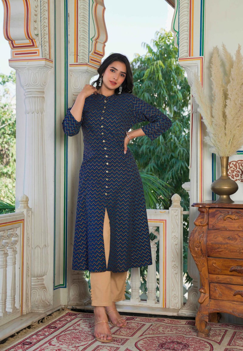 Yash Gallery Women's Viscose Rayon Chevron Regular Fit Anarkali Kurta for Women (1391YKBLUE_Blue_Medium) - Image 3