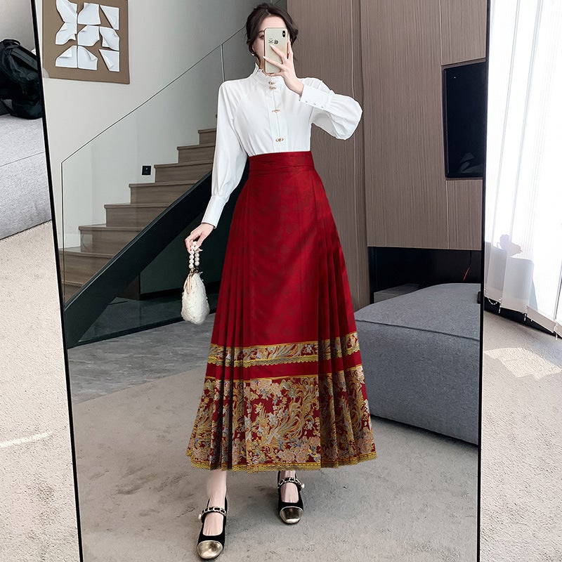 Ming-made Hanfu Improved Daily Commuter New Chinese-style Horse-faced Skirt suit 2024 New Style National Style Skirt for Small Men Red long skirt