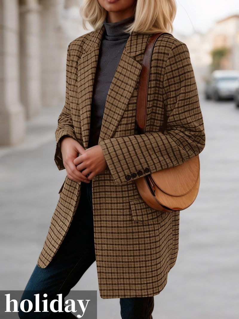 Mina Self Winter Wool Coats Blazer for Women 2026 Tan Brown Plus Size Tweed Plaid Jackets Women's Houndstooth Professional Job Interview Work Party Office Wear Fashion Dressy Corporate Outfits - Image 3