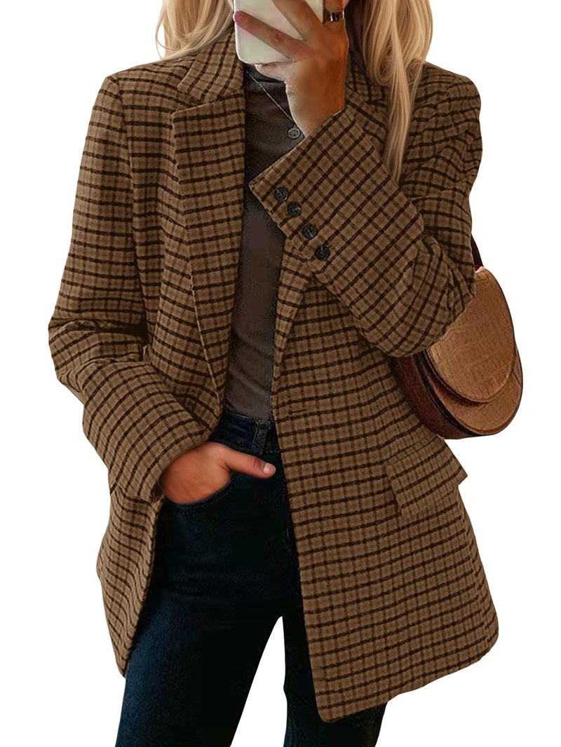 Mina Self Winter Wool Coats Blazer for Women 2026 Tan Brown Plus Size Tweed Plaid Jackets Women's Houndstooth Professional Job Interview Work Party Office Wear Fashion Dressy Corporate Outfits - Image 1