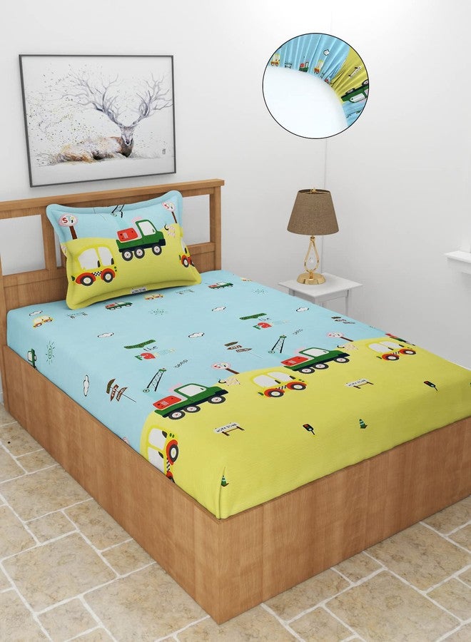 BREVARD Premium Glace Cotton 210 GSM Elastic Fitted Single Bedsheet with 1 Pillow Covers (36×72×8 Inches, Yellow Blue) - Image 1