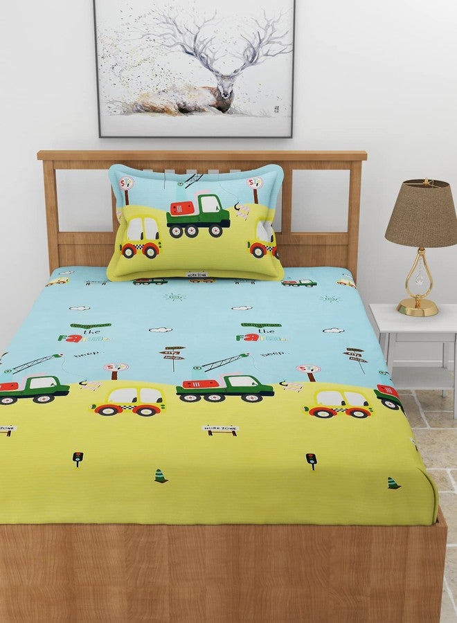 BREVARD Premium Glace Cotton 210 GSM Elastic Fitted Single Bedsheet with 1 Pillow Covers (36×72×8 Inches, Yellow Blue) - Image 2