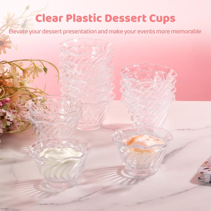 Homaisson 32 Pack Plastic Dessert Cups 6 oz Mini Ice Cream Bowls Clear Swirl Tulip Shaped Sundae Tasting Bowls Round Parfait Cups Buffet Serving Cups for Yogurt Appetizers Pudding Fruits - Image 3