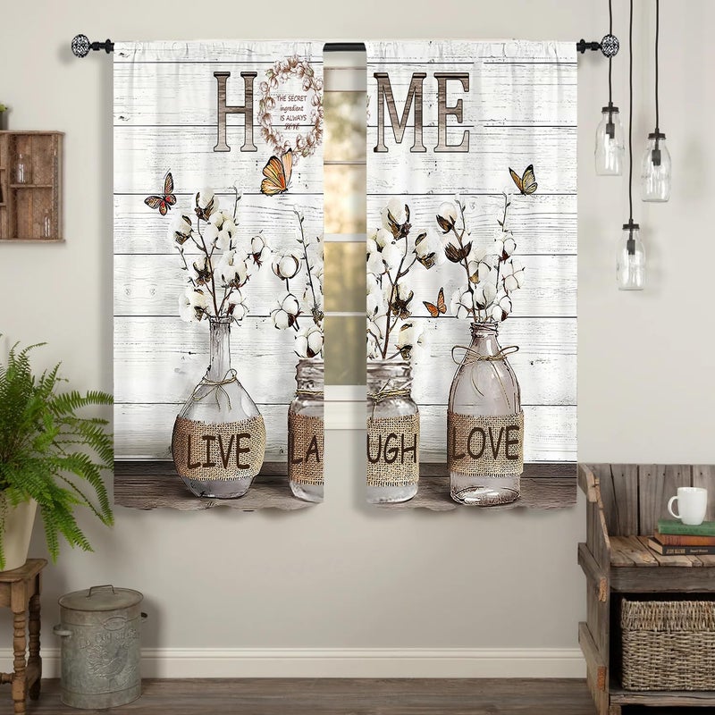 Famiffty Rusitc Farmhouse Cotton Kitchen Curtains 27.5W X 39L Inch 2 Panels Rod Pocket Country Retro Wood Vintage Small Short Cafe Curtain Inspirational Window Drapes Treatment Bathroom Home Decor - Image 3