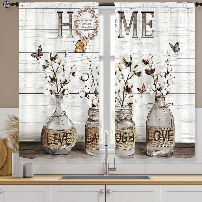 Famiffty Rusitc Farmhouse Cotton Kitchen Curtains 27.5W X 39L Inch 2 Panels Rod Pocket Country Retro Wood Vintage Small Short Cafe Curtain Inspirational Window Drapes Treatment Bathroom Home Decor - Image 1