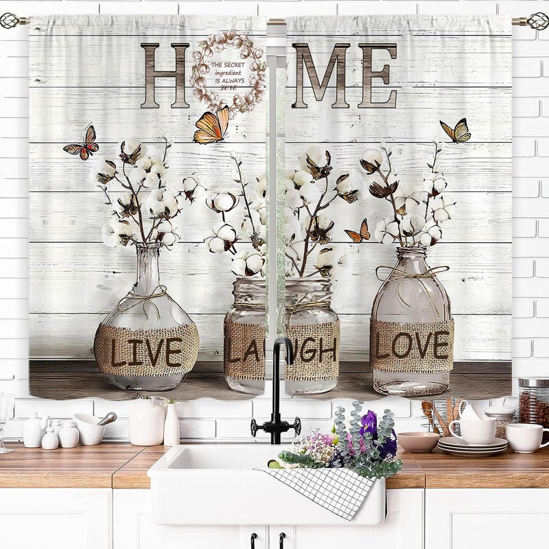 Famiffty Rusitc Farmhouse Cotton Kitchen Curtains 27.5W X 39L Inch 2 Panels Rod Pocket Country Retro Wood Vintage Small Short Cafe Curtain Inspirational Window Drapes Treatment Bathroom Home Decor - Image 2