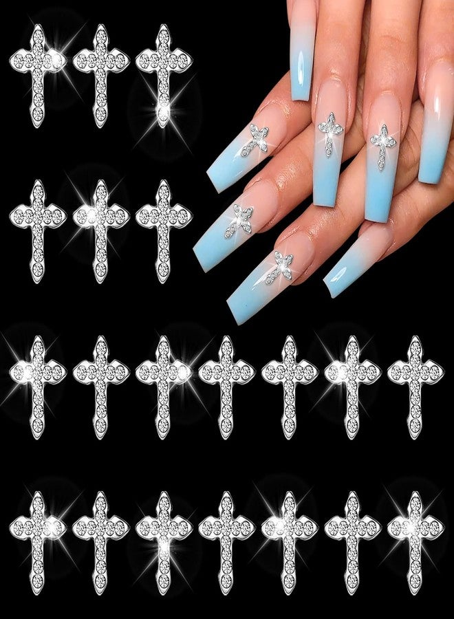 JERCLITY 20pcs 3D Cross Nail Charms Silver Cross Charms for Nails Nail Cross Charms with Clear Rhinestones 3D Jewelry Making Nail Art Accessories Nail Cross Charm for Women - Image 1