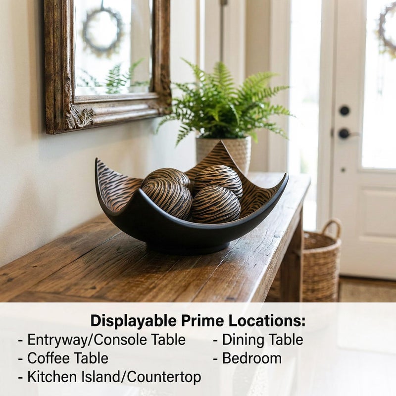 Seraphic 5pc Large Decorative Scoop Bowl Set with Stylish Orbs/Balls â€“ Elegant Centerpiece for Dining/Kitchen Table, Living Room, or Office Decor, 14" diagonal. 11" wide and 5.75" tall, Brown - Image 4