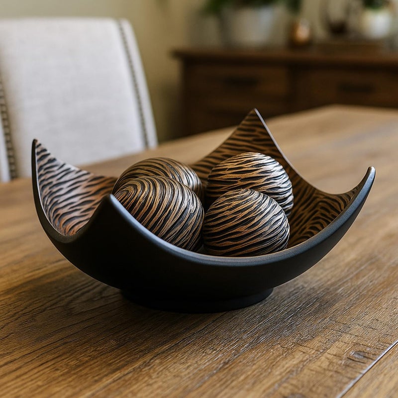 Seraphic 5pc Large Decorative Scoop Bowl Set with Stylish Orbs/Balls â€“ Elegant Centerpiece for Dining/Kitchen Table, Living Room, or Office Decor, 14" diagonal. 11" wide and 5.75" tall, Brown - Image 1