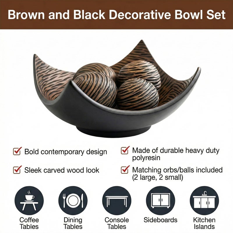 Seraphic 5pc Large Decorative Scoop Bowl Set with Stylish Orbs/Balls â€“ Elegant Centerpiece for Dining/Kitchen Table, Living Room, or Office Decor, 14" diagonal. 11" wide and 5.75" tall, Brown - Image 2
