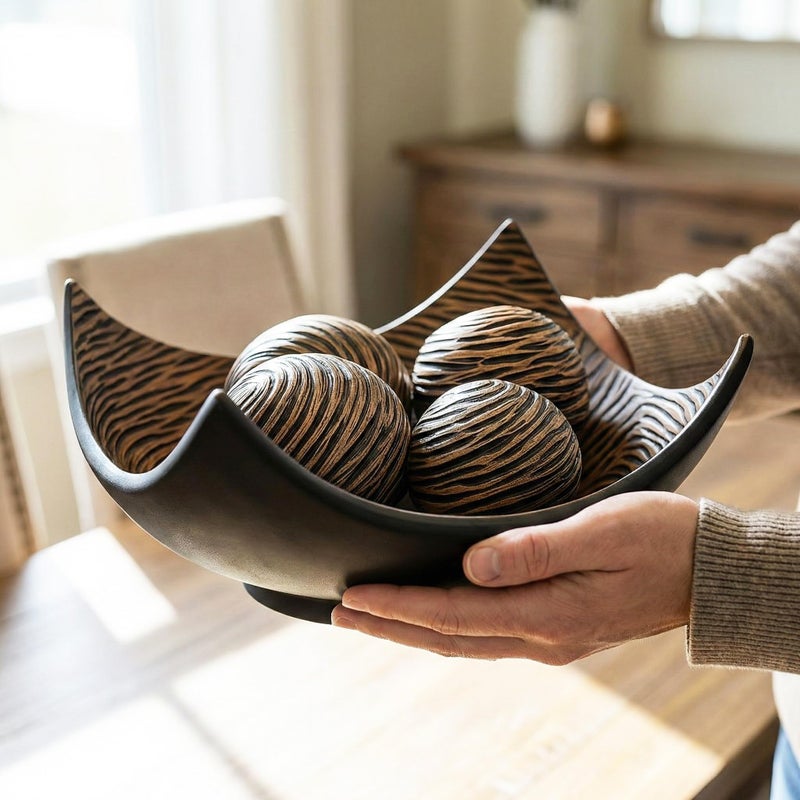 Seraphic 5pc Large Decorative Scoop Bowl Set with Stylish Orbs/Balls â€“ Elegant Centerpiece for Dining/Kitchen Table, Living Room, or Office Decor, 14" diagonal. 11" wide and 5.75" tall, Brown - Image 5
