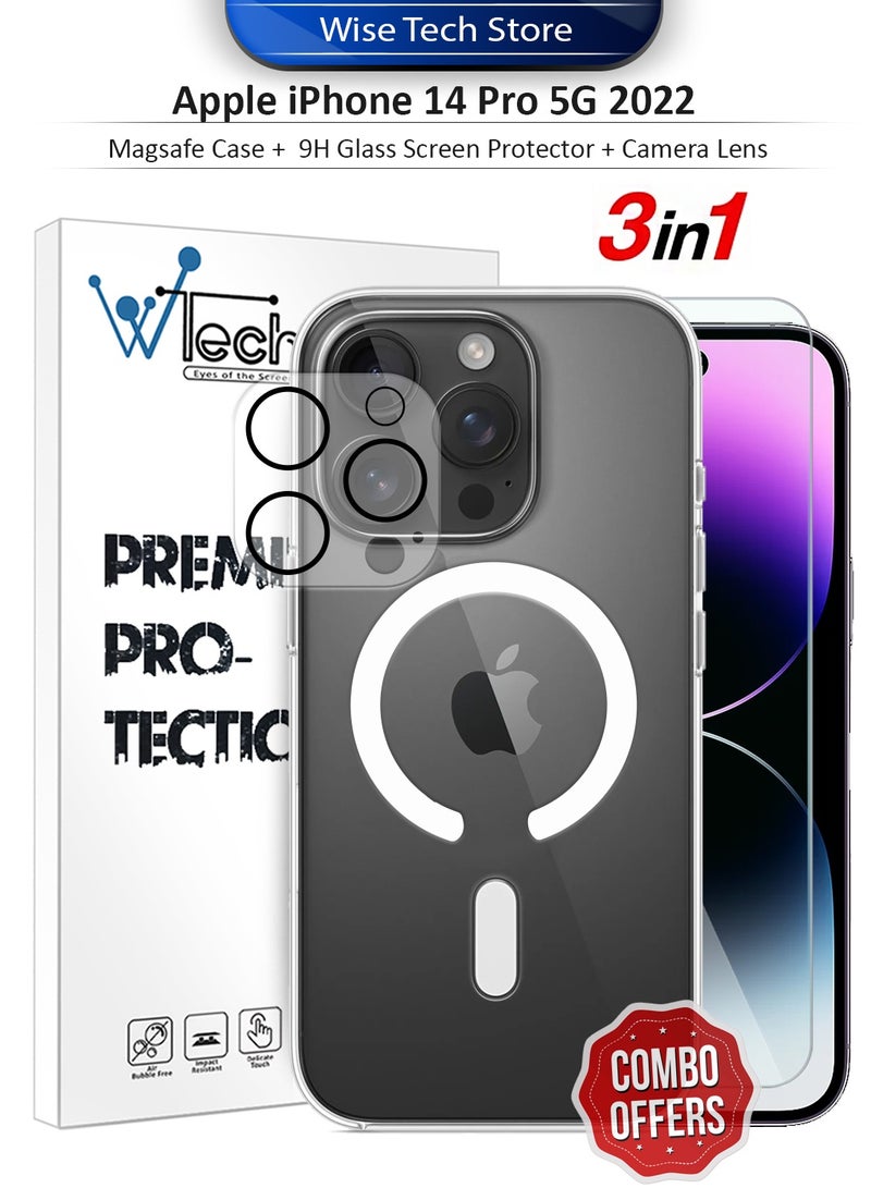 دبليو تيك حزمة حماية 3 في 1 لهاتف آبل آيفون 14 برو 5G 2022، غطاء شفاف مضاد للصدمات مع ماجسيف، واقي شاشة زجاجي بصلابة 9H وحماية عدسة الكاميرا، حماية 360، تركيب سهل - شفاف - Image 1