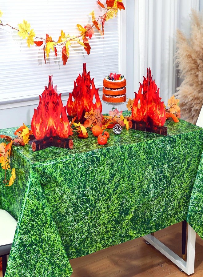 Hahafelt 6 Set Thanksgiving Fake Fire Flame Camping Decoration Disposable Green Grass Tablecloth and 3D Cardboard Fake Campfire Decorative Centerpiece for Camp Hiking Birthday Party Supplies - Image 2