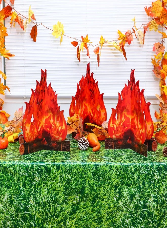 Hahafelt 6 Set Thanksgiving Fake Fire Flame Camping Decoration Disposable Green Grass Tablecloth and 3D Cardboard Fake Campfire Decorative Centerpiece for Camp Hiking Birthday Party Supplies - Image 5