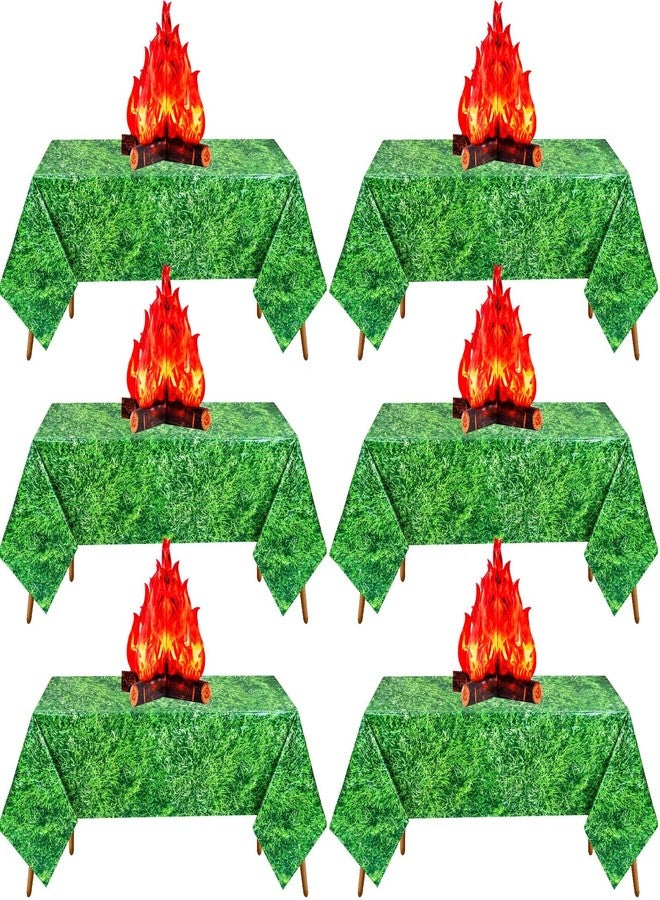 Hahafelt 6 Set Thanksgiving Fake Fire Flame Camping Decoration Disposable Green Grass Tablecloth and 3D Cardboard Fake Campfire Decorative Centerpiece for Camp Hiking Birthday Party Supplies - Image 1