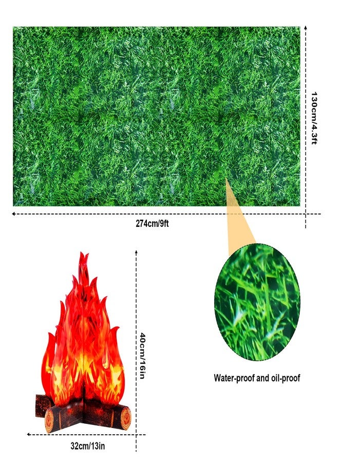 Hahafelt 6 Set Thanksgiving Fake Fire Flame Camping Decoration Disposable Green Grass Tablecloth and 3D Cardboard Fake Campfire Decorative Centerpiece for Camp Hiking Birthday Party Supplies - Image 3