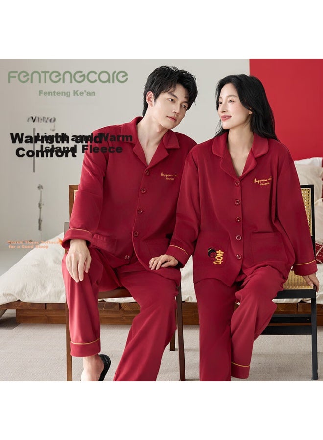 Fentengcare Red Zodiac Year Couples Pajamas Wedding New Marriage Autumn Winter Island Fleece Long Sleeve Homewear Set Qh - Image 1