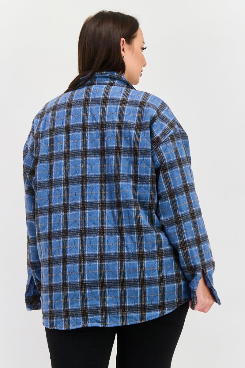 Daisy Street Women Plaid Jacket Shirt, Blue Combo - Image 3