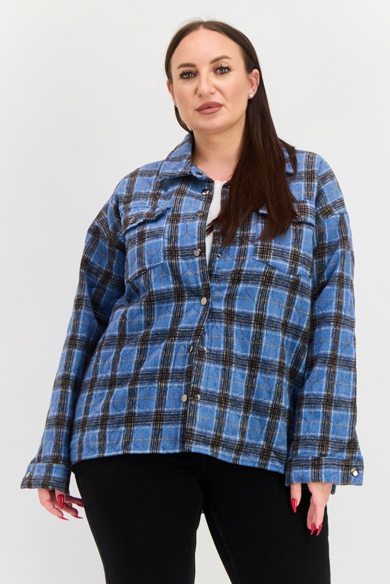 Daisy Street Women Plaid Jacket Shirt, Blue Combo - Image 1
