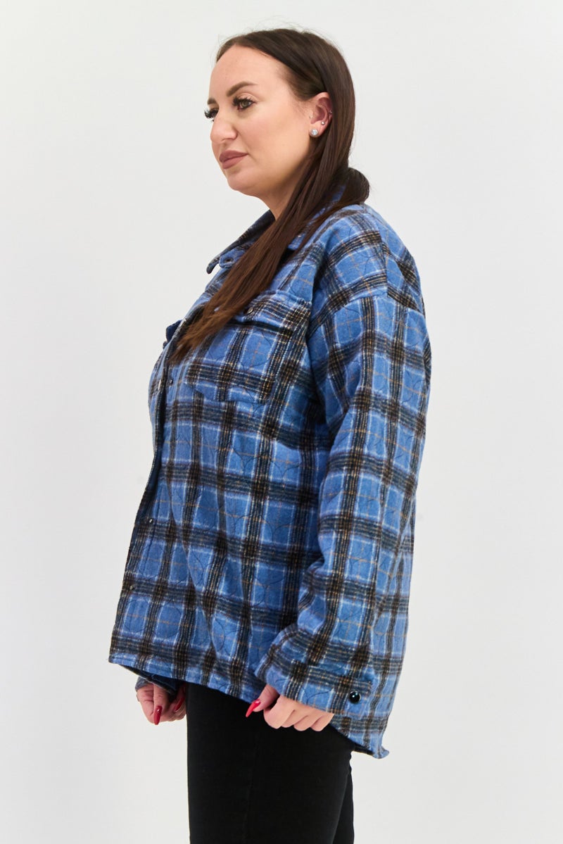 Daisy Street Women Plaid Jacket Shirt, Blue Combo - Image 2