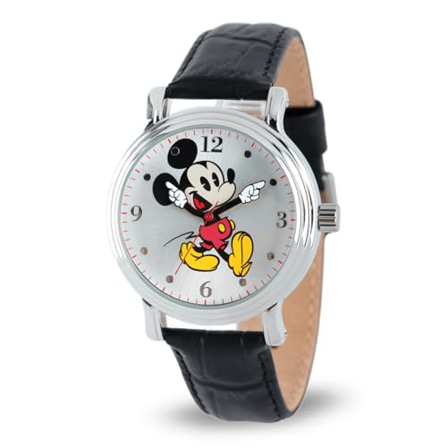 Disney Mickey Watch - Watch for Women - Mickey Mouse Watches for Women - Toys - 90s Mouse - Vintage - 's Articulating Hands - Silver Case - Black Leather Strap - Image 1