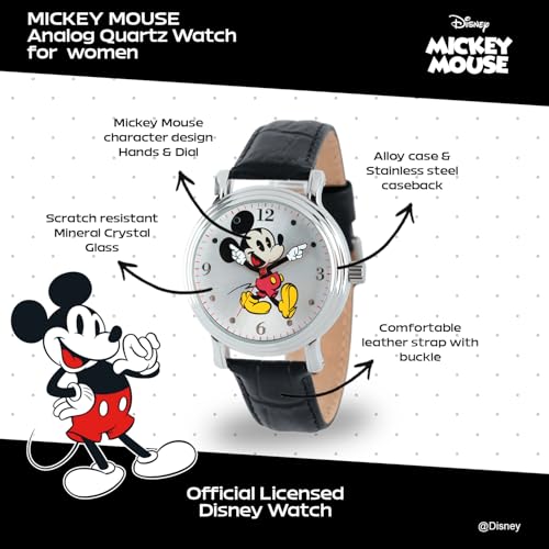Disney Mickey Watch - Watch for Women - Mickey Mouse Watches for Women - Toys - 90s Mouse - Vintage - 's Articulating Hands - Silver Case - Black Leather Strap - Image 2
