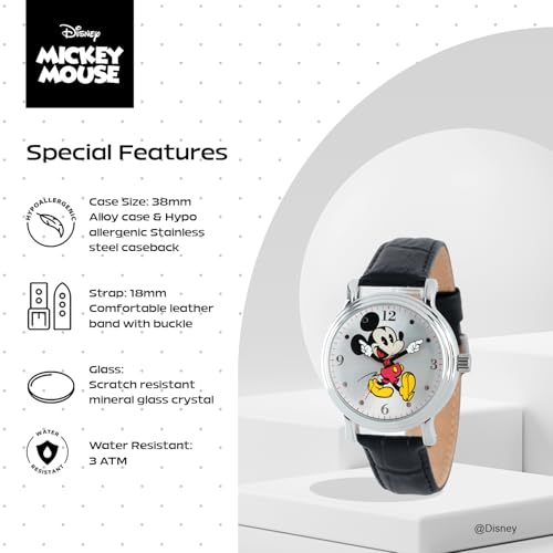 Disney Mickey Watch - Watch for Women - Mickey Mouse Watches for Women - Toys - 90s Mouse - Vintage - 's Articulating Hands - Silver Case - Black Leather Strap - Image 5