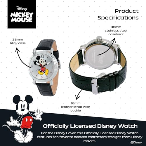 Disney Mickey Watch - Watch for Women - Mickey Mouse Watches for Women - Toys - 90s Mouse - Vintage - 's Articulating Hands - Silver Case - Black Leather Strap - Image 3