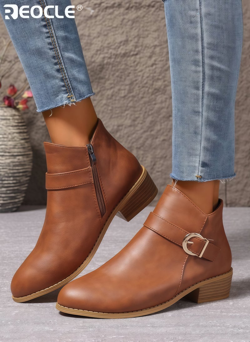 ريوكل حذاء نسائي بكعب سميك يصل إلى الكاحل مع حزام مزخرف وسحاب جانبي للإغلاق حذاء يومي أنيق للنزهات غير الرسمية والمهمات وتنسيق الملابس المتنوعة - Image 1