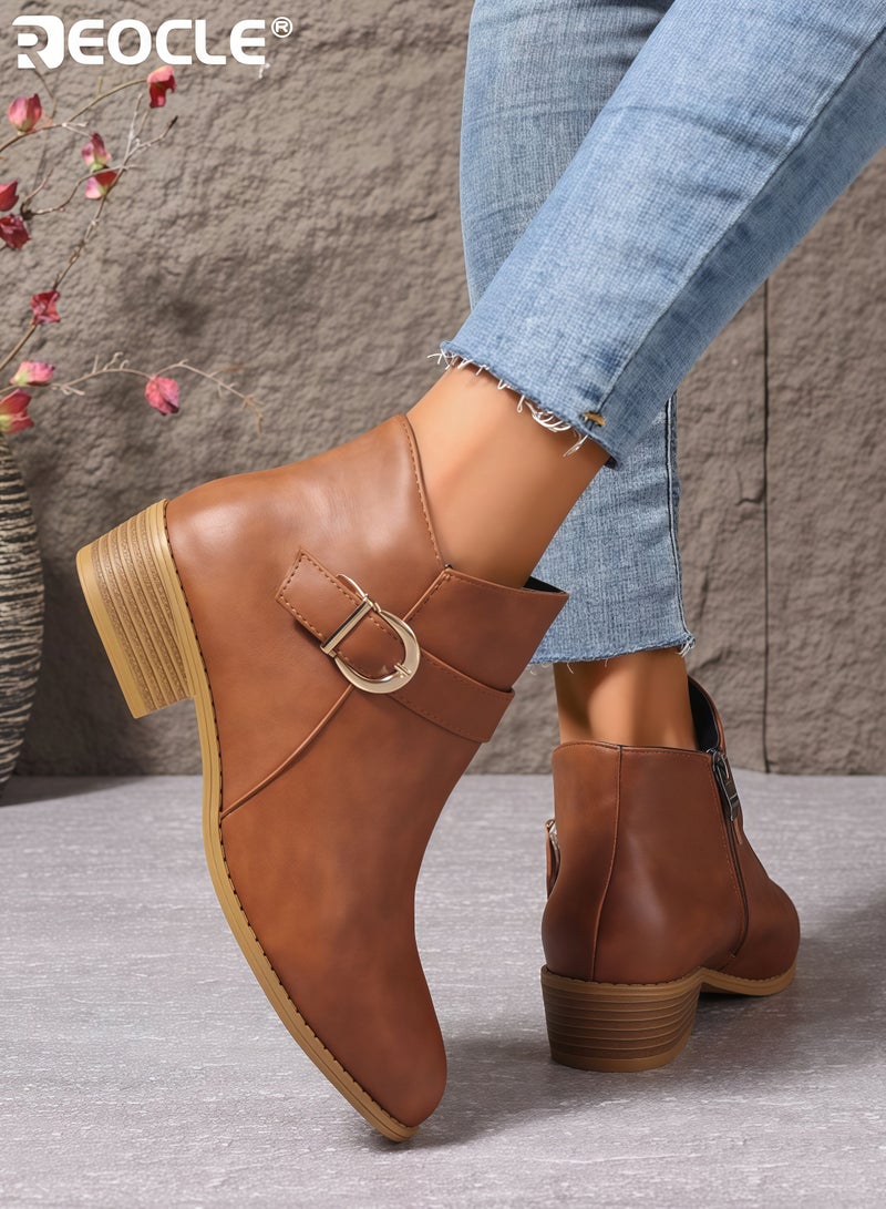 ريوكل حذاء نسائي بكعب سميك يصل إلى الكاحل مع حزام مزخرف وسحاب جانبي للإغلاق حذاء يومي أنيق للنزهات غير الرسمية والمهمات وتنسيق الملابس المتنوعة - Image 2