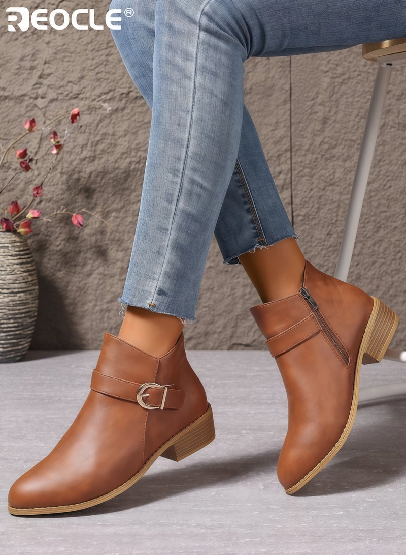 ريوكل حذاء نسائي بكعب سميك يصل إلى الكاحل مع حزام مزخرف وسحاب جانبي للإغلاق حذاء يومي أنيق للنزهات غير الرسمية والمهمات وتنسيق الملابس المتنوعة - Image 3