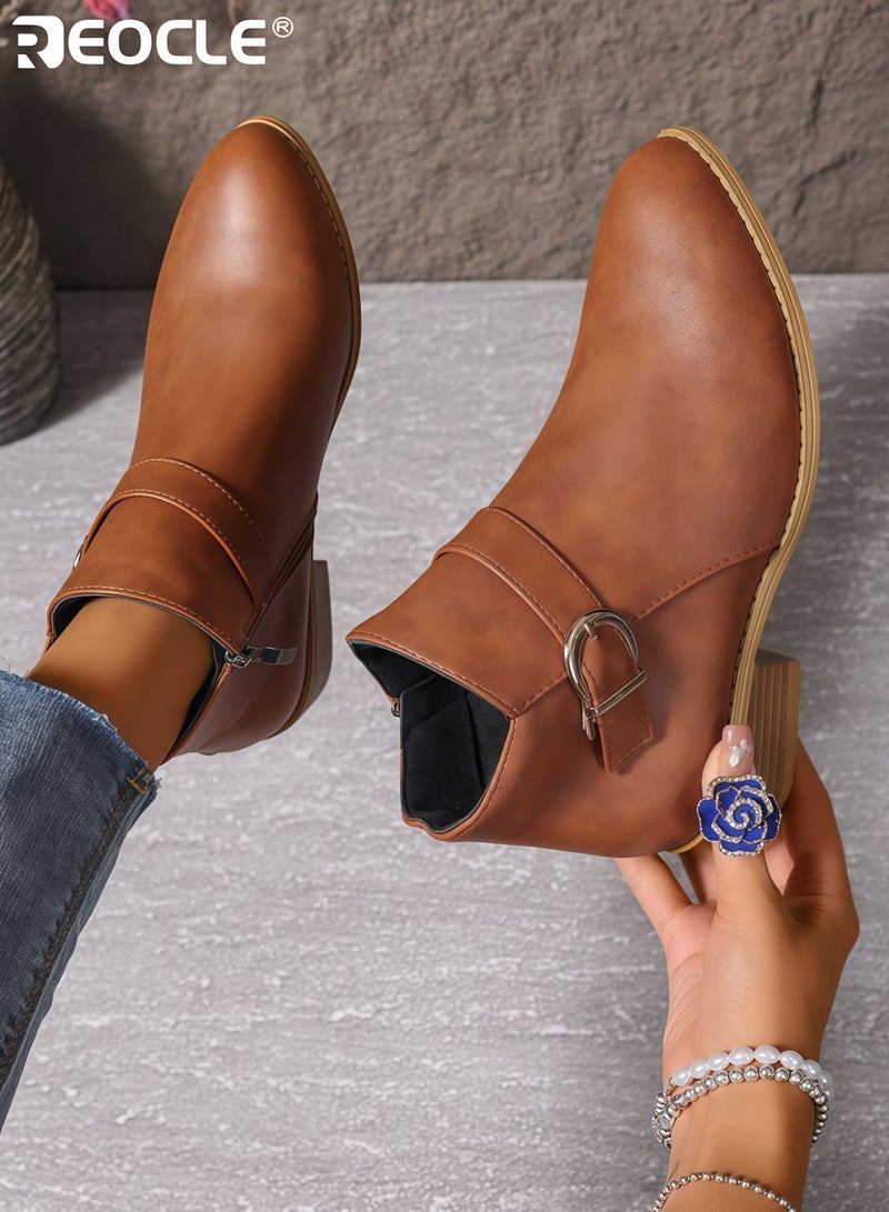 ريوكل حذاء نسائي بكعب سميك يصل إلى الكاحل مع حزام مزخرف وسحاب جانبي للإغلاق حذاء يومي أنيق للنزهات غير الرسمية والمهمات وتنسيق الملابس المتنوعة - Image 4