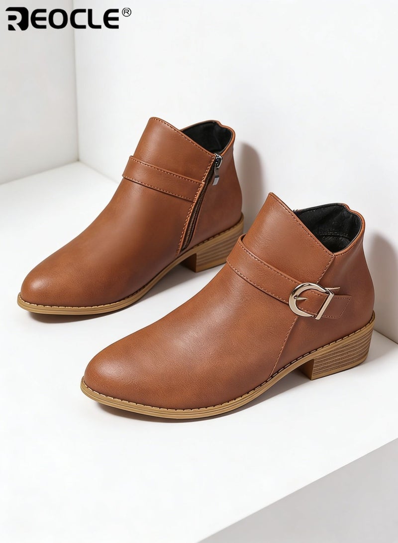 REOCLE Women's Block-Heel Ankle Boots with Decorative Buckle Strap Side Zip Closure Stylish Daily Footwear for Casual Outings Errands Versatile Outfit Pairings - Image 4