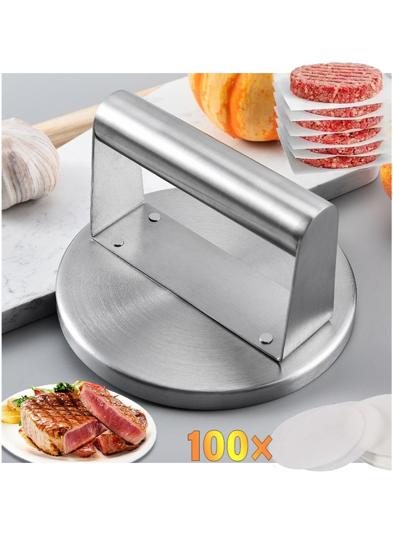 بينكو مكبس برجر مع حافة وورق فطائر برجر دائري 12 سم، مجموعة من 100 ورقة فطائر غير لاصقة، هارس برجر من الفولاذ المقاوم للصدأ 430، لمكبس البرجر، الفطائر المتعرجة، وخبز الكيك - Image 1