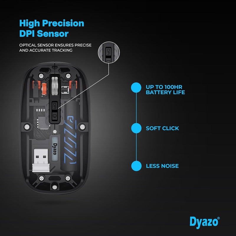 Dyazo Transparent Wireless Rechargeable Mouse with Dual Mode (2.4GHz + BT) | Noise Free Clicking | Easy Device Pairing | Adjustable DPI Sensitivity | Compatible with MacBook, Laptop & PC (Black) - Image 5
