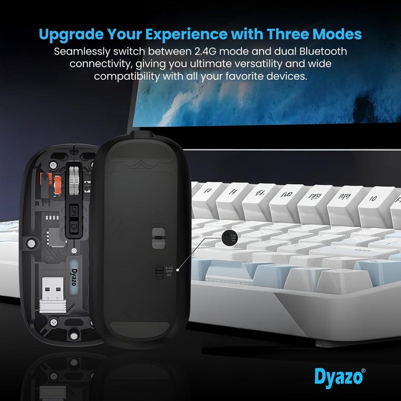 Dyazo Transparent Wireless Rechargeable Mouse with Dual Mode (2.4GHz + BT) | Noise Free Clicking | Easy Device Pairing | Adjustable DPI Sensitivity | Compatible with MacBook, Laptop & PC (Black) - Image 2