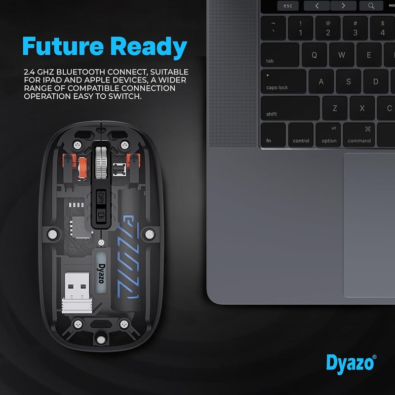 Dyazo Transparent Wireless Rechargeable Mouse with Dual Mode (2.4GHz + BT) | Noise Free Clicking | Easy Device Pairing | Adjustable DPI Sensitivity | Compatible with MacBook, Laptop & PC (Black) - Image 3