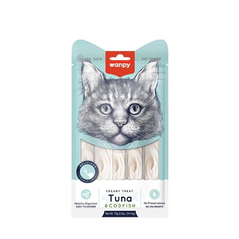 Wanpy Creamy Lickable Cat Treats – Tuna & Codfish (14gx5)